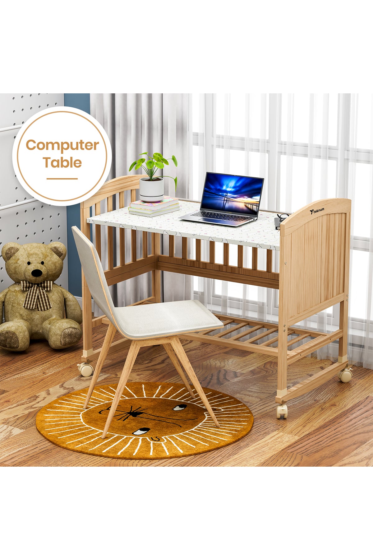 TEKNUM - 7 in 1 Convertible Kids Bed & Bedside Crib w Mattress Mosquito net & Detachable Wheels- 0 - 12yrs - Natural Woo