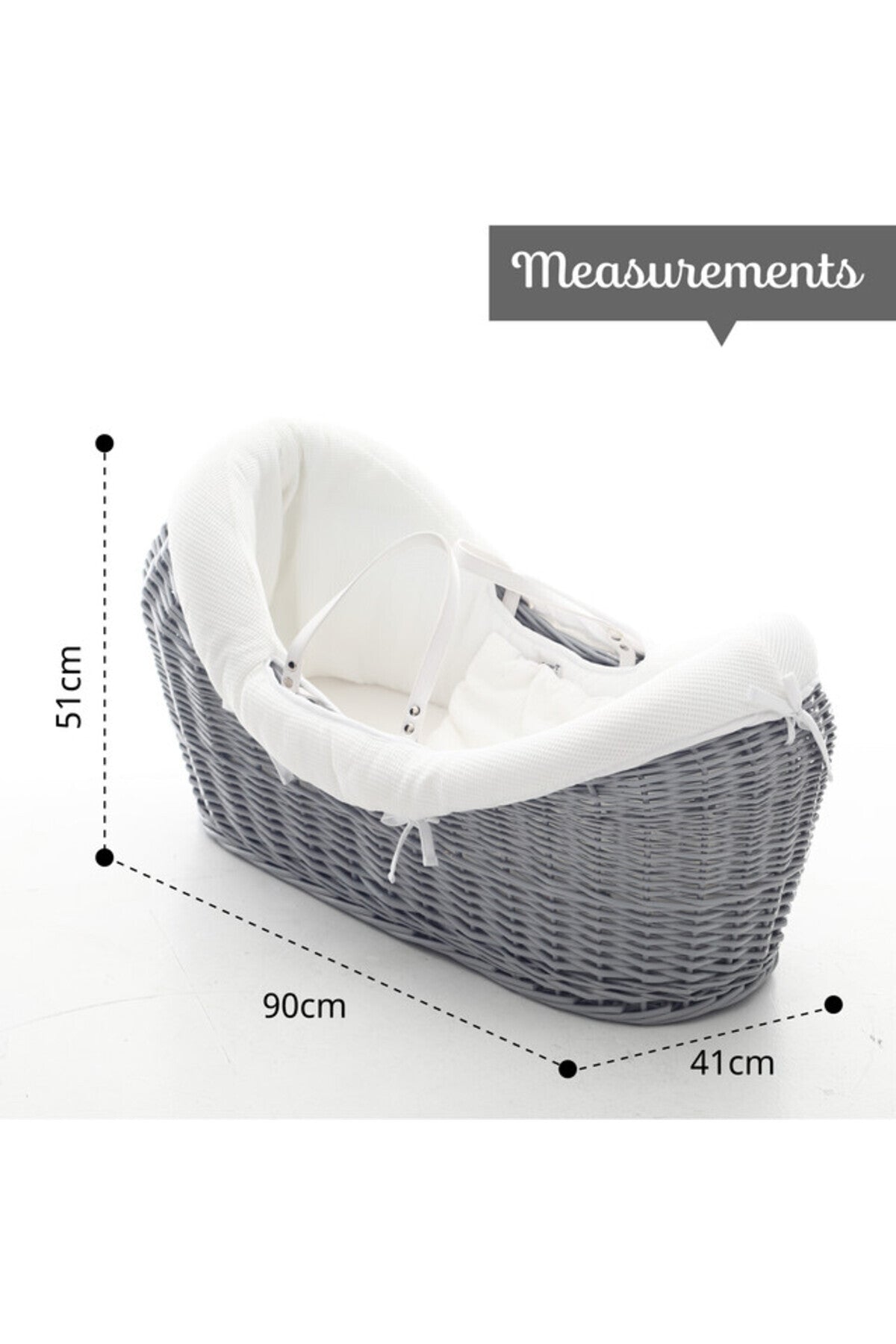 Teknum Infant Wicker Pod Moses Basket with White Waffle Beddings - Wooden Grey