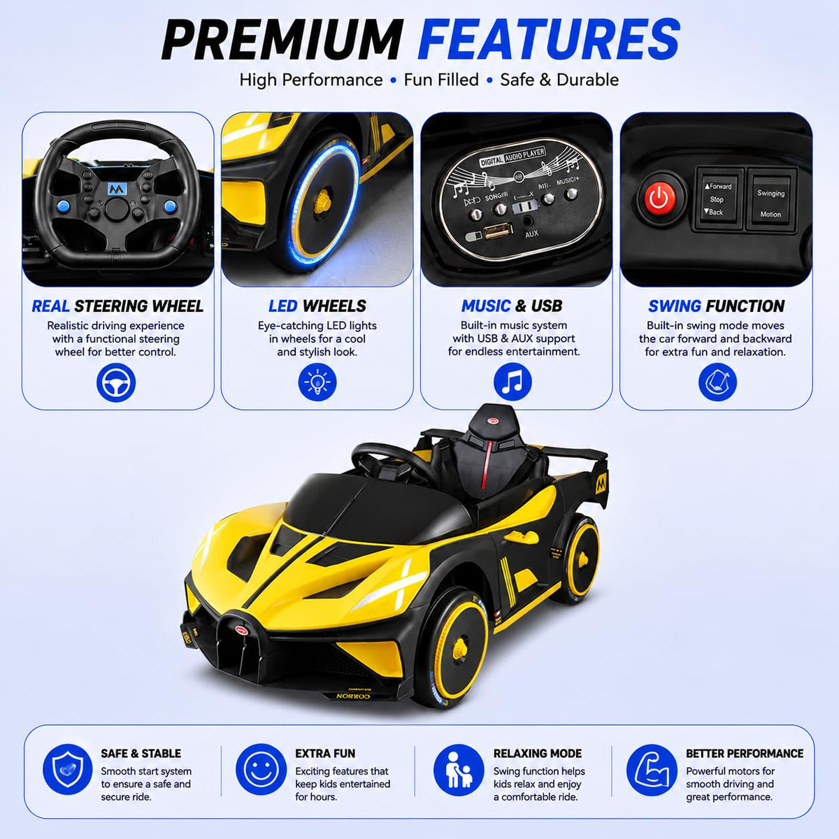 (XGZ802)Bugatti Kids' Electric Ride-On Car 12V battery Leather seat Foam wheel - Yellow