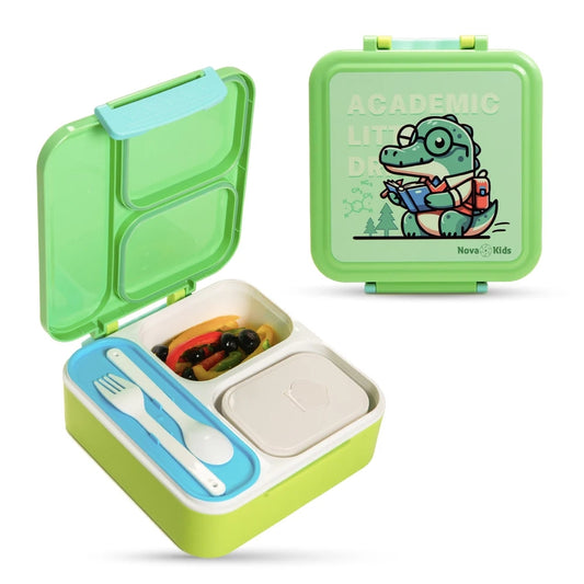 Nova Kids 3 Compartment Bento Lunch Box w/Spoon & Fork Set and Stainless Steel Gravy Box - Dino Green