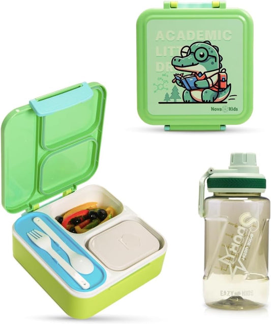 Nova Kids 3 Compartment Bento Lunch Box w/ Water Bottle, Spoon & Fork Set and Stainless Steel Jar - Dino Green