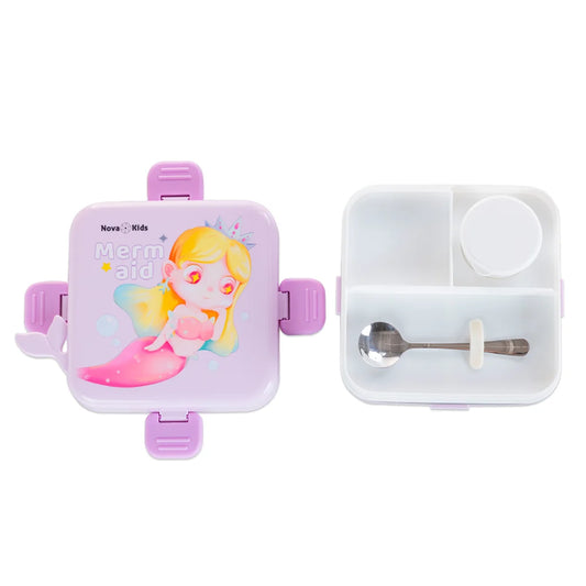 Nova Kids Stainless Steel 3 Compartment Bento Lunch Box w/ Water Bottle, Spoon and Sauce Box - Mermaid Purple