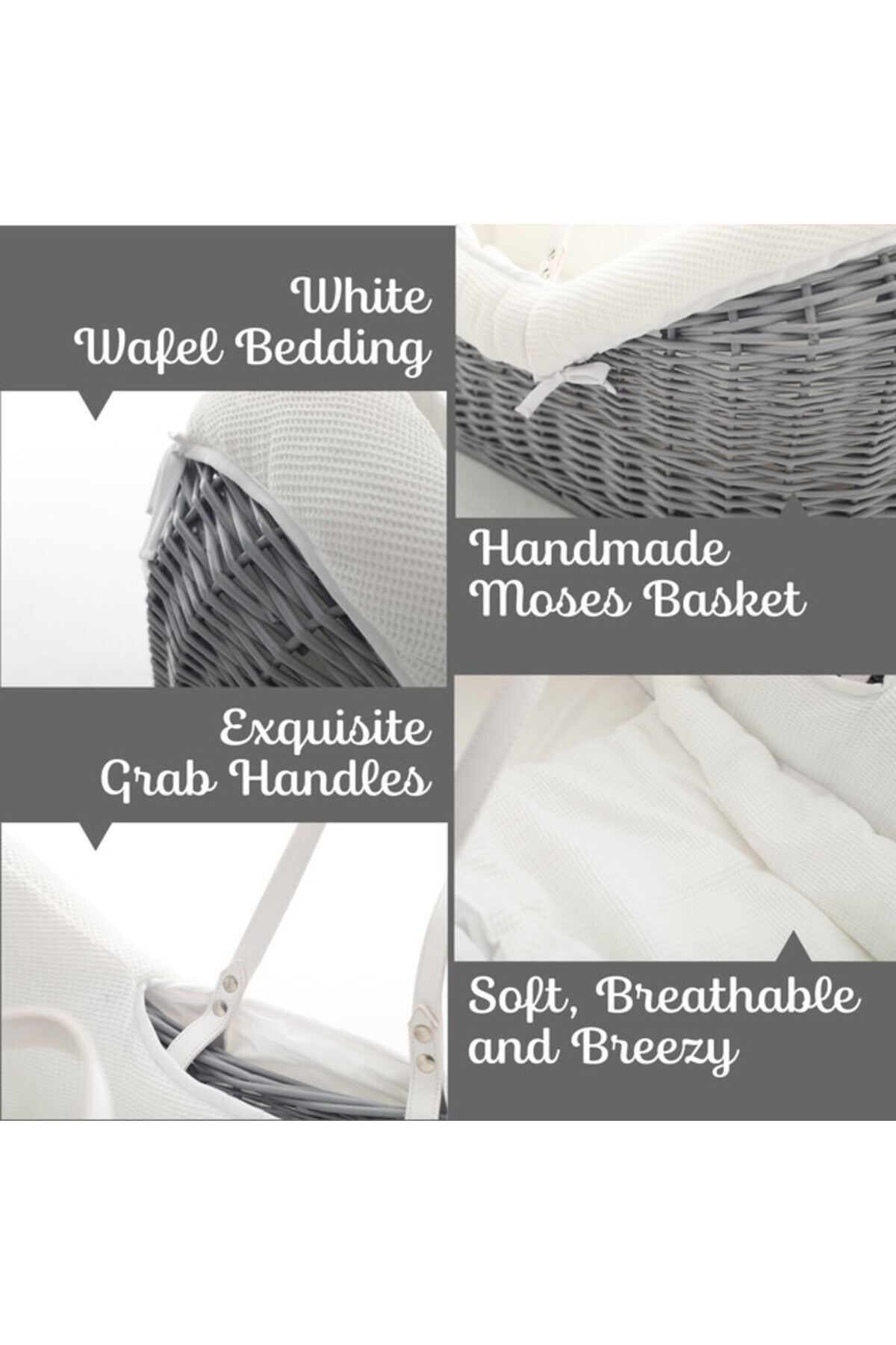 Teknum Infant Wicker Pod Moses Basket with White Waffle Beddings - Wooden Grey