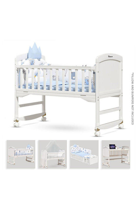 Teknum - 7-in-1 Convertible Kids Bed & Bedside Crib w/ Mattress- Mosquito net & Detachable Wheels(0-12yrs)-White