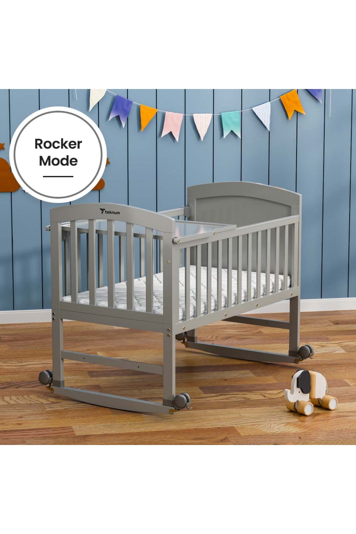 Teknum - 7 in 1 Convertible Kids Bed & Bedside Crib w / Mattress Mosquito net & Detachable Wheels(0 - 12yrs) - Grey