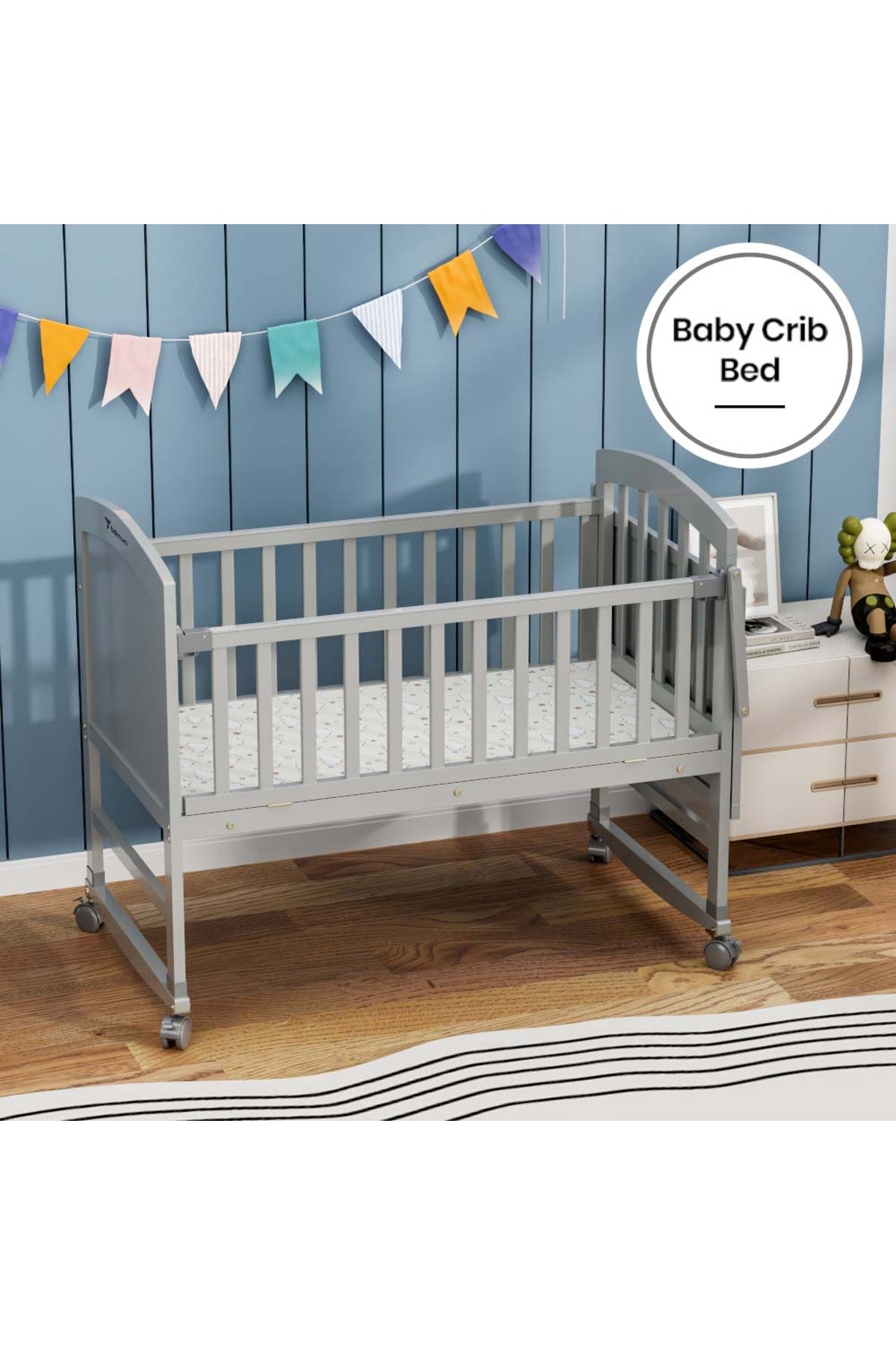 Teknum - 7 in 1 Convertible Kids Bed & Bedside Crib w / Mattress Mosquito net & Detachable Wheels(0 - 12yrs) - Grey