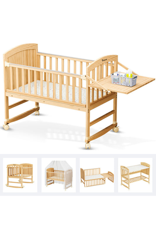 TEKNUM - 7 in 1 Convertible Kids Bed & Bedside Crib w Mattress Mosquito net & Detachable Wheels- 0 - 12yrs - Natural Woo