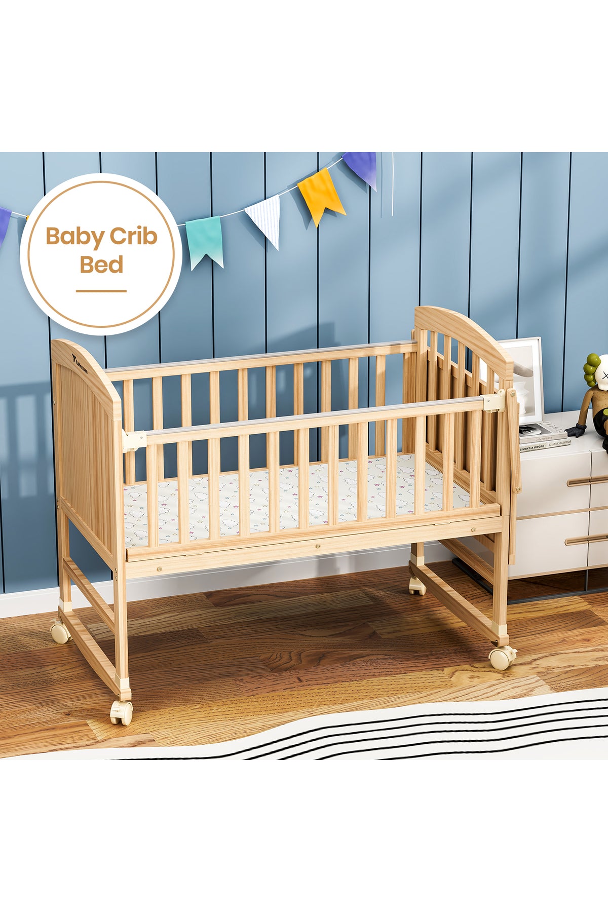TEKNUM - 7 in 1 Convertible Kids Bed & Bedside Crib w Mattress Mosquito net & Detachable Wheels- 0 - 12yrs - Natural Woo