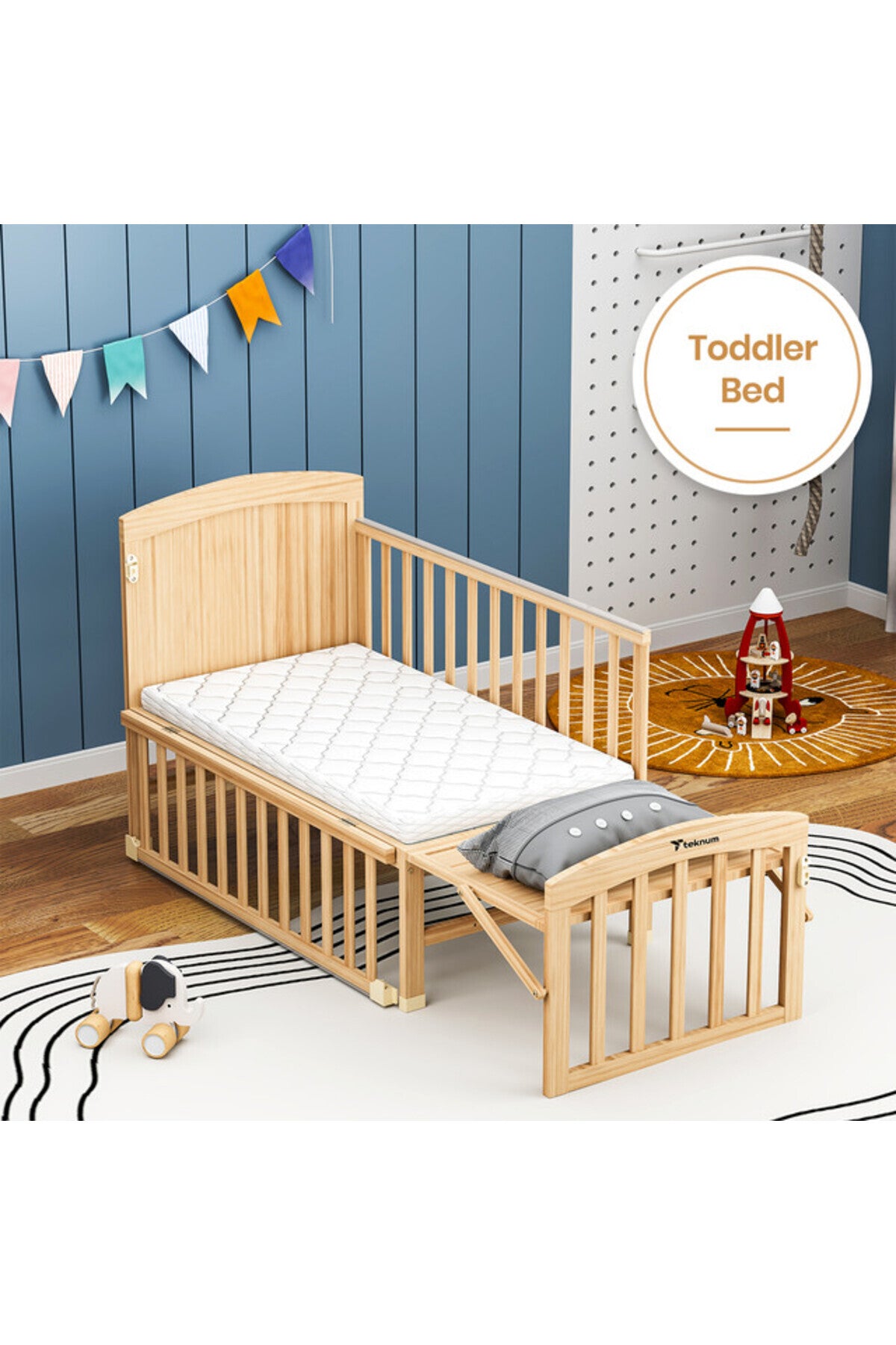 TEKNUM - 7 in 1 Convertible Kids Bed & Bedside Crib w Mattress Mosquito net & Detachable Wheels- 0 - 12yrs - Natural Woo