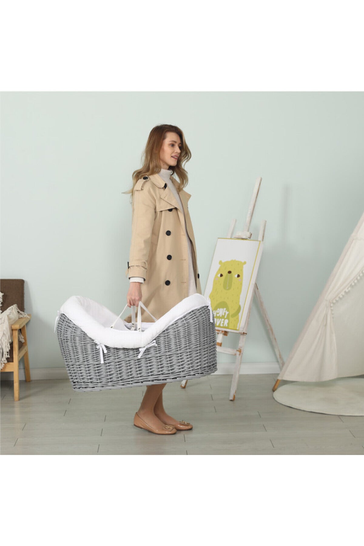 Teknum Infant Wicker Pod Moses Basket with White Waffle Beddings - Wooden Grey