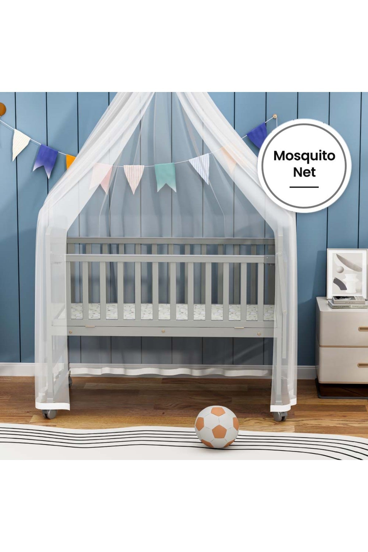 Teknum - 7 in 1 Convertible Kids Bed & Bedside Crib w / Mattress Mosquito net & Detachable Wheels(0 - 12yrs) - Grey