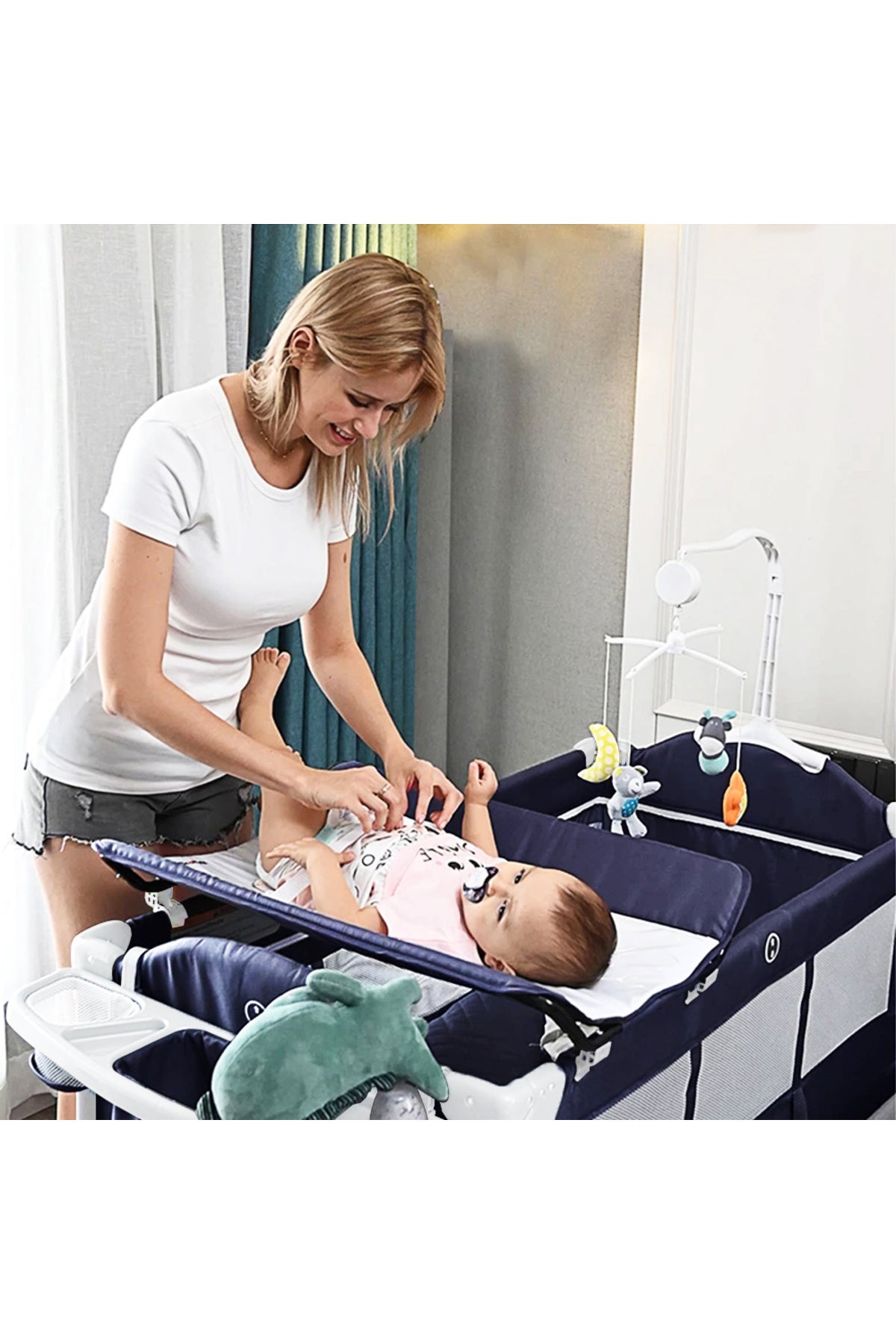 Teknum 4 in 1 Baby Bedside Co-Sleeper Bassinet and Playpen wt Rocker Navy Blue