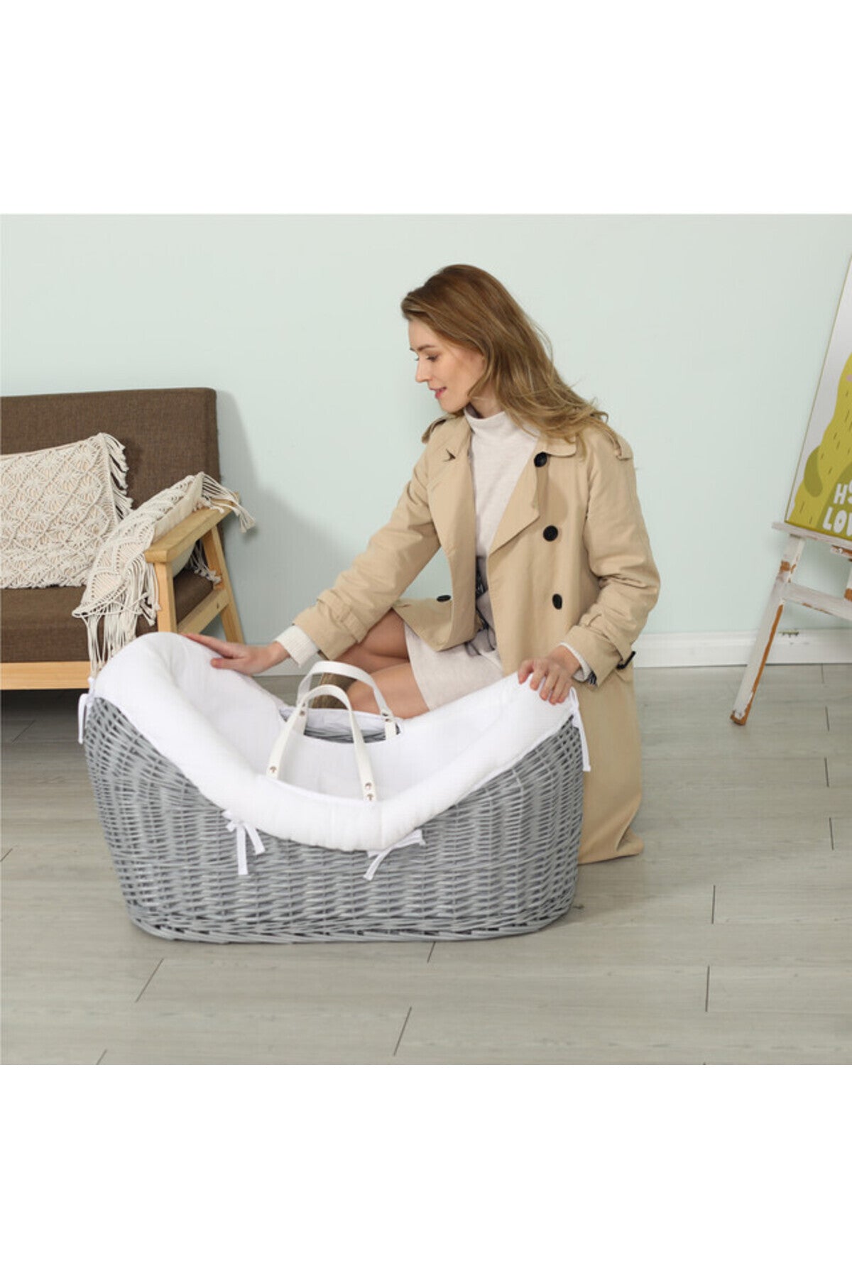 Teknum Infant Wicker Pod Moses Basket with White Waffle Beddings - Wooden Grey