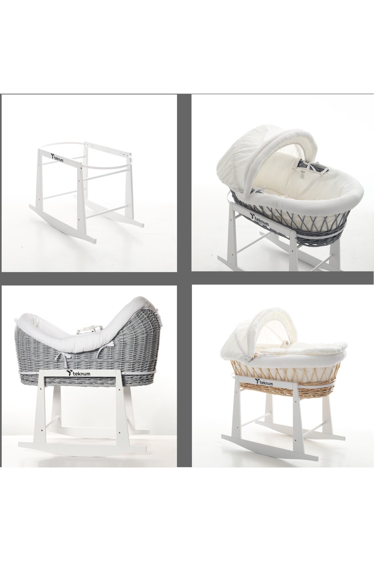 Teknum Infant Wicker Pod Moses Basket with White Waffle Beddings - Wooden Grey