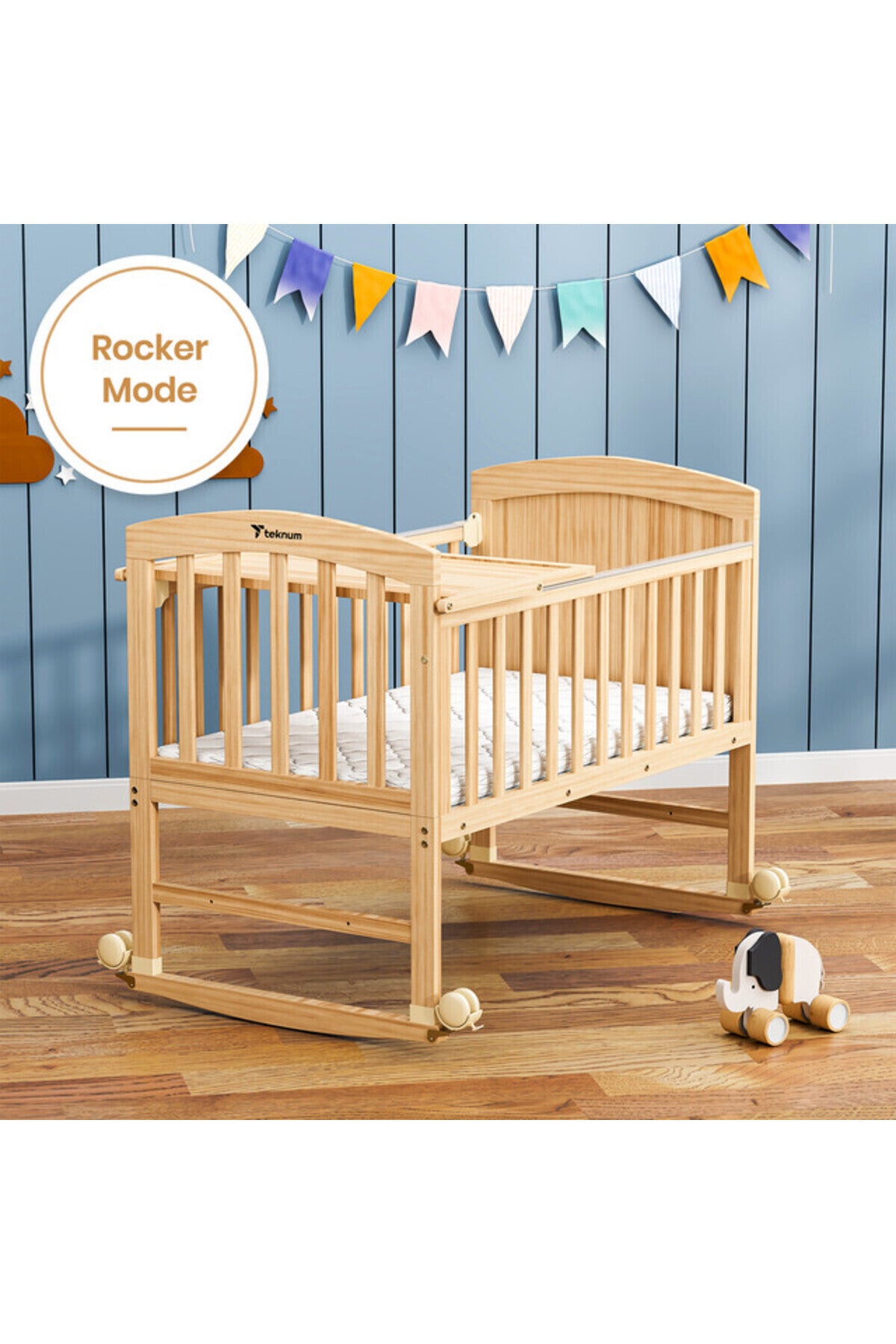 TEKNUM - 7 in 1 Convertible Kids Bed & Bedside Crib w Mattress Mosquito net & Detachable Wheels- 0 - 12yrs - Natural Woo