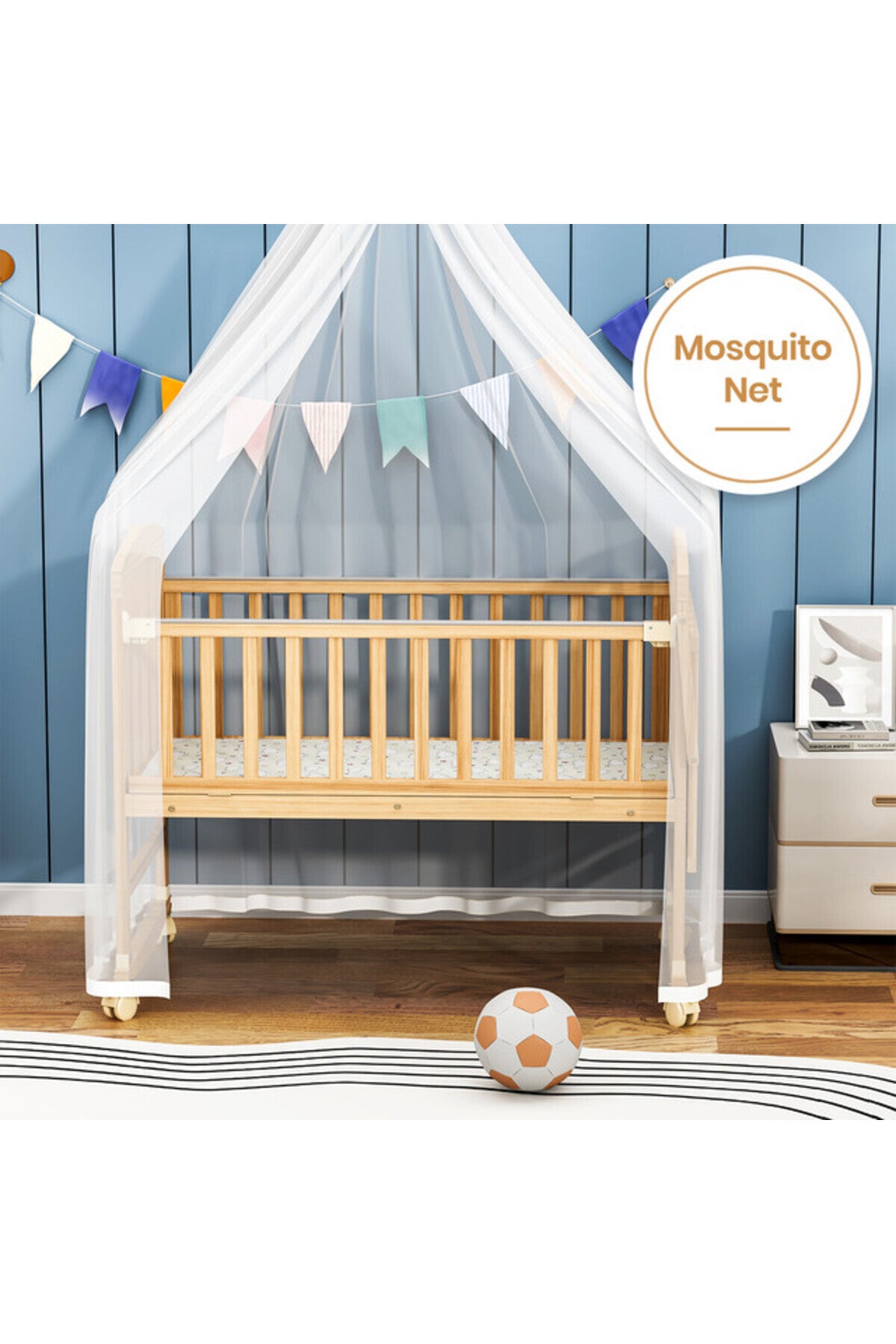 TEKNUM - 7 in 1 Convertible Kids Bed & Bedside Crib w Mattress Mosquito net & Detachable Wheels- 0 - 12yrs - Natural Woo