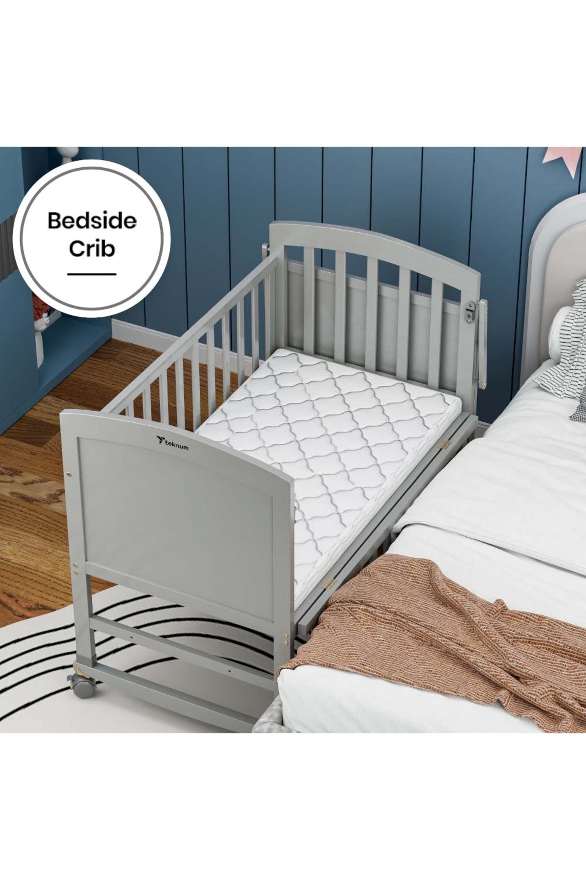 Teknum - 7 in 1 Convertible Kids Bed & Bedside Crib w / Mattress Mosquito net & Detachable Wheels(0 - 12yrs) - Grey