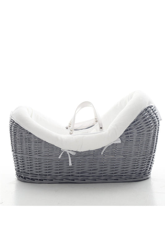 Teknum Infant Wicker Pod Moses Basket with White Waffle Beddings - Wooden Grey