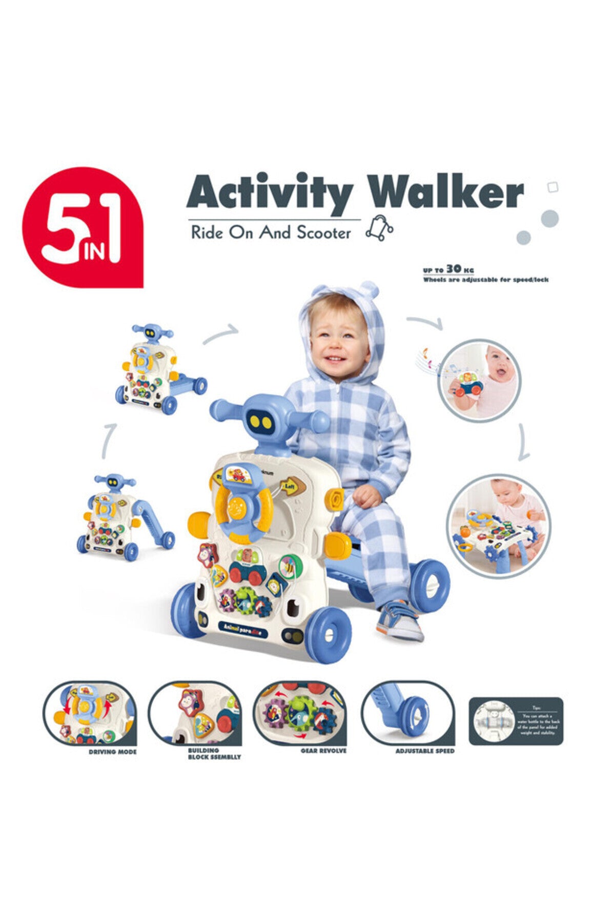 Teknum 5-IN-1 Baby Walker Learning Table Mode Game Panel Mode Scooter Mode Roller Coaster Mode with Musical keyboard - B