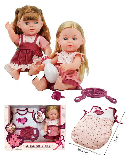 14 INCH VINYL DOLL CAN DRINK WATER, URINATE WITH 6-TONE IC WITH TABLEWARE AND SLEEPING BAG 2ASSTD