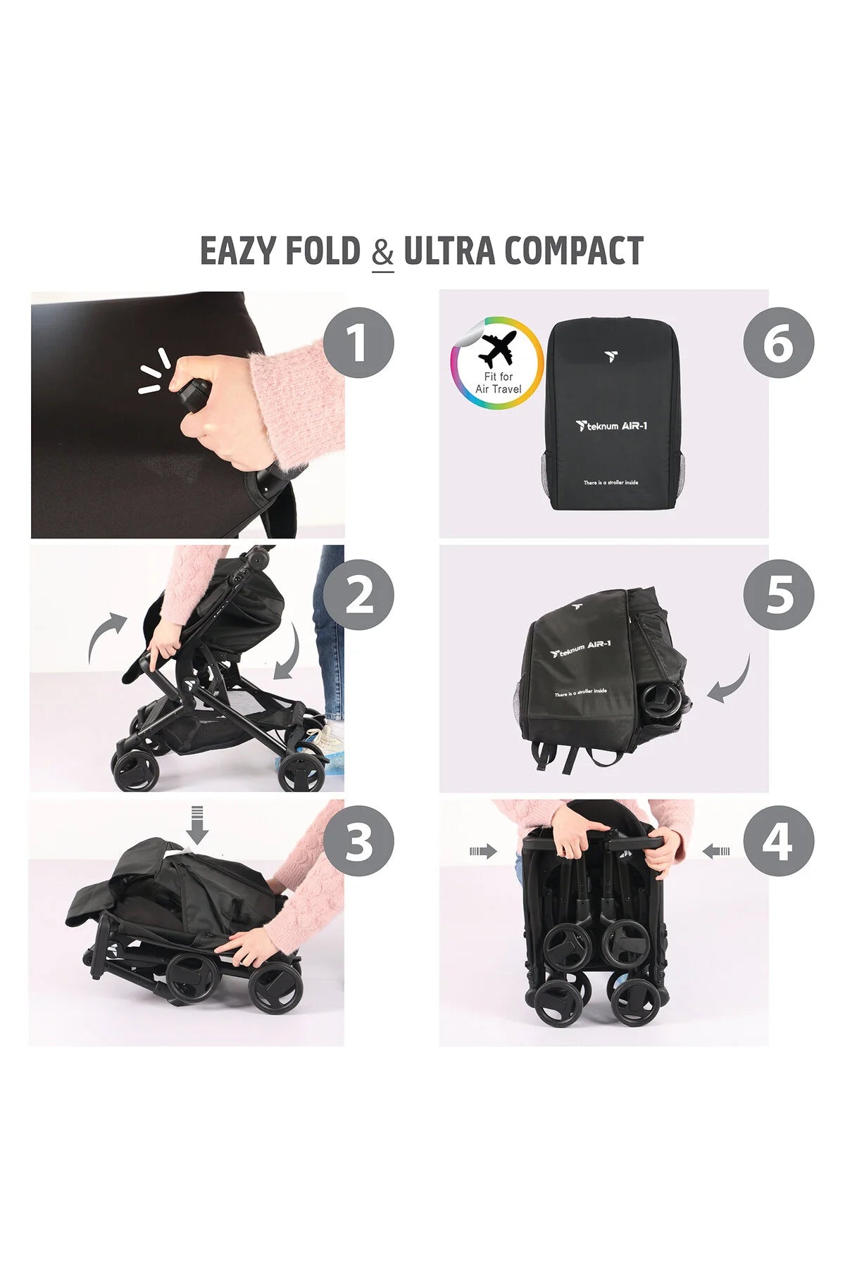 Teknum AIR-1 Travel Stroller w Carry Backpack - Grey