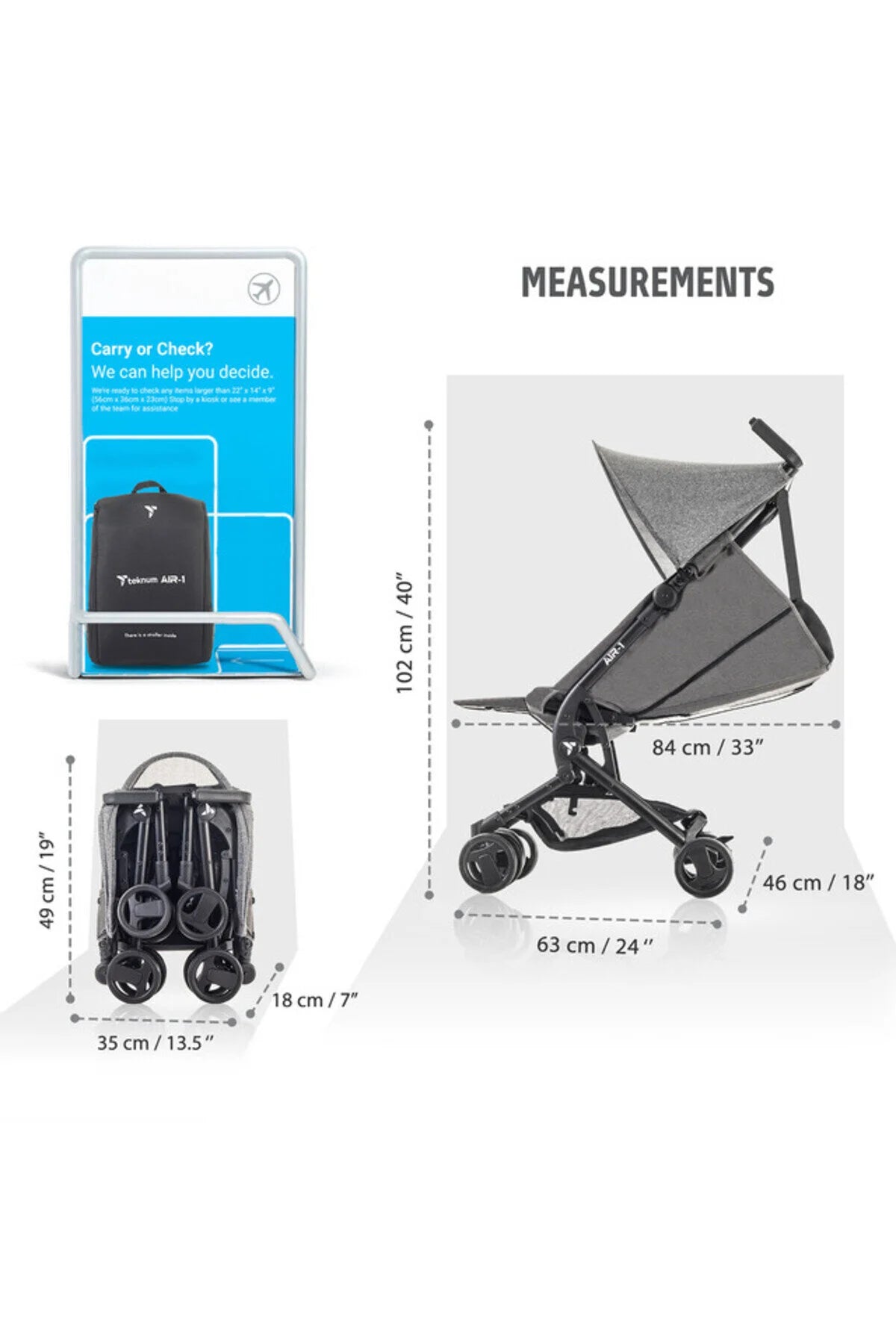 Teknum AIR-1 Travel Stroller w Carry Backpack - Grey