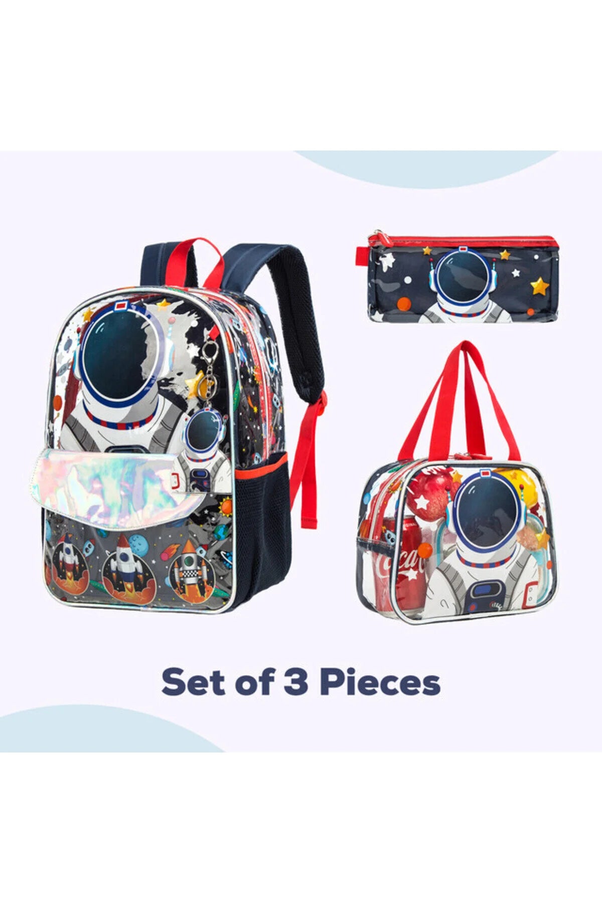 Eazy Kids-16- School Bag Lunch Bag Pencil Case Set of 3- Astronaut-Blue