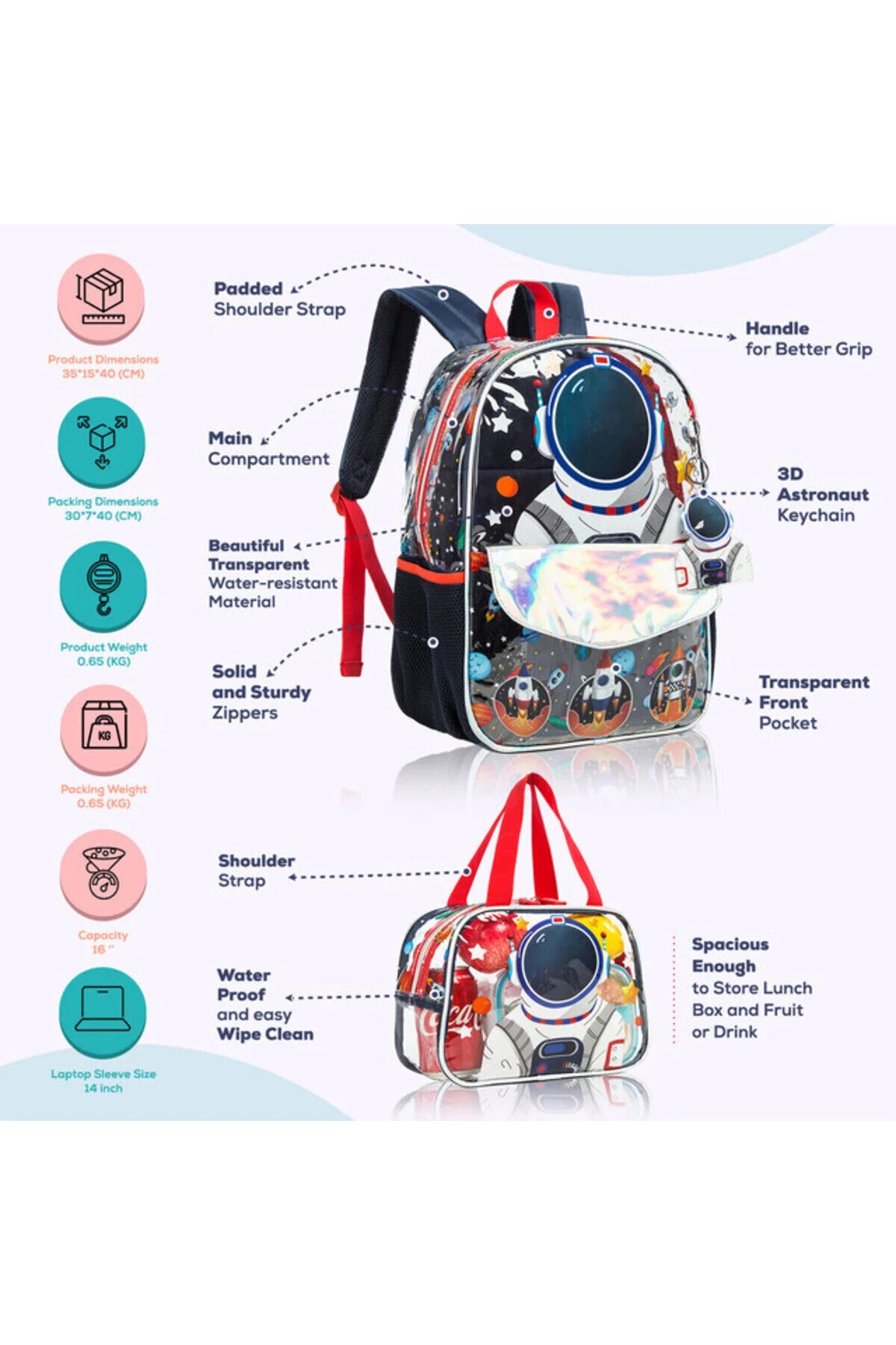 Eazy Kids-16- School Bag Lunch Bag Pencil Case Set of 3- Astronaut-Blue