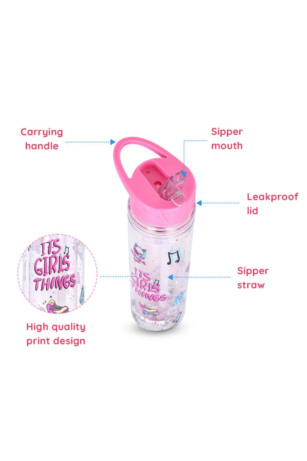 Eazy Kids Tritan Double Wall Glitter 550ml Water Bottle - It's Girls Things Pink