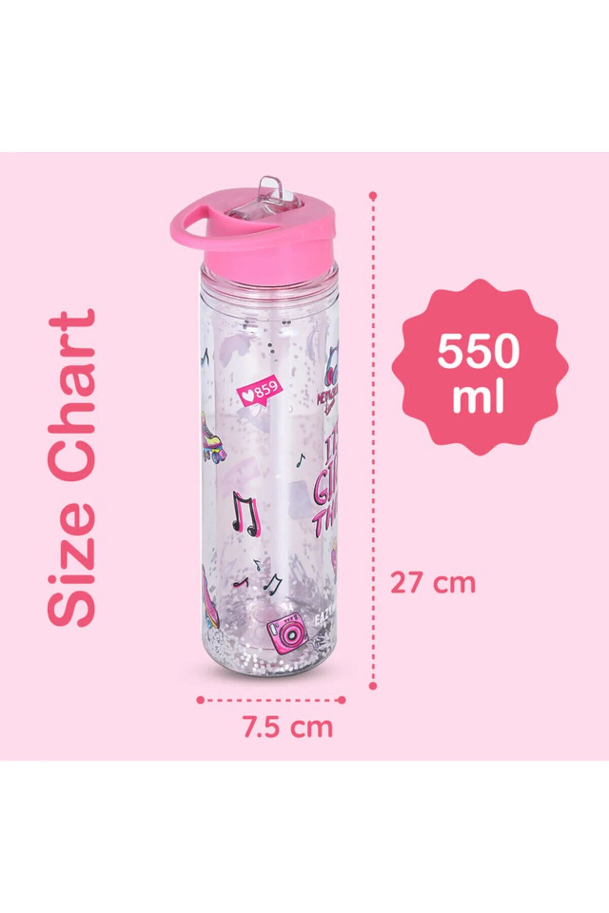 Eazy Kids Tritan Double Wall Glitter 550ml Water Bottle - It's Girls Things Pink