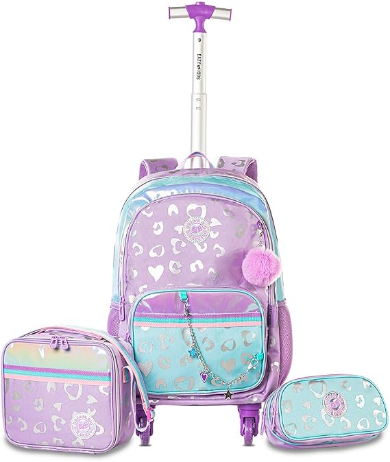 Eazy Kids 4-wheel Trolley 17 School Bag Set of 3 w/Lunch Bag and Pencil Pouch - Love Purple