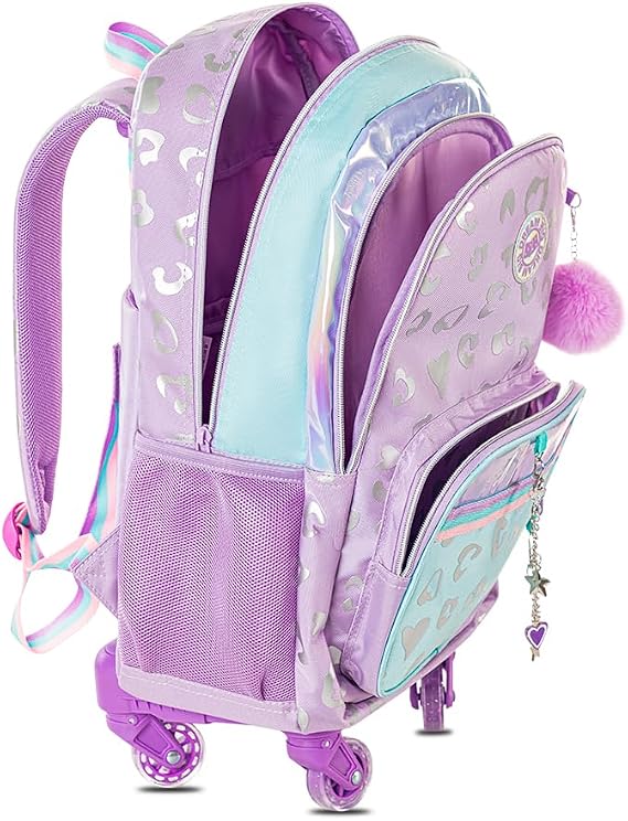 Eazy Kids 4-wheel Trolley 17 School Bag Set of 3 w/Lunch Bag and Pencil Pouch - Love Purple