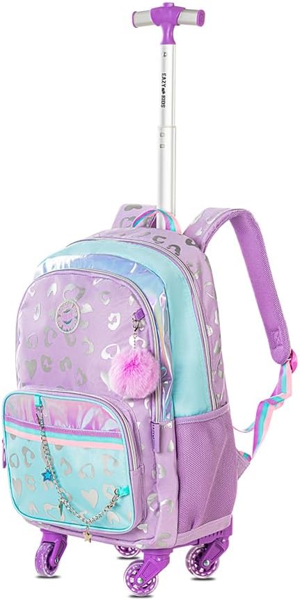 Eazy Kids 4-wheel Trolley 17 School Bag Set of 3 w/Lunch Bag and Pencil Pouch - Love Purple