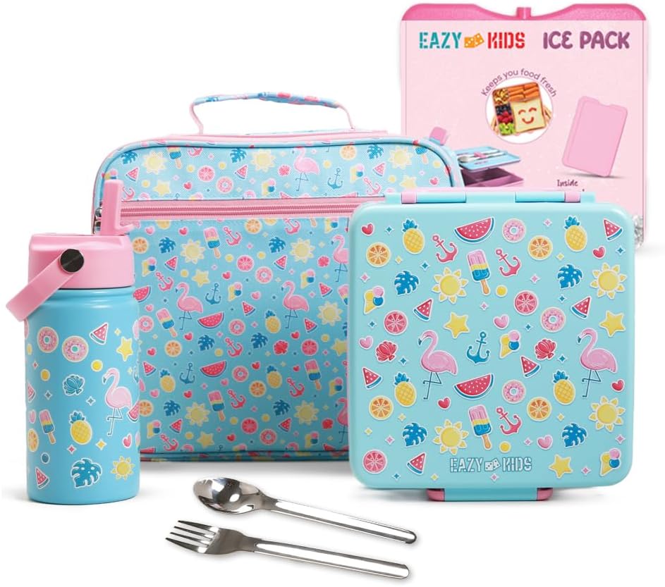 Eazy Kids Jumbo Bento Lunch Box w/360ml Steel Water Bottle, Spoon & Fork Set, and Insulated Lunch Bag - Flamingo Pink