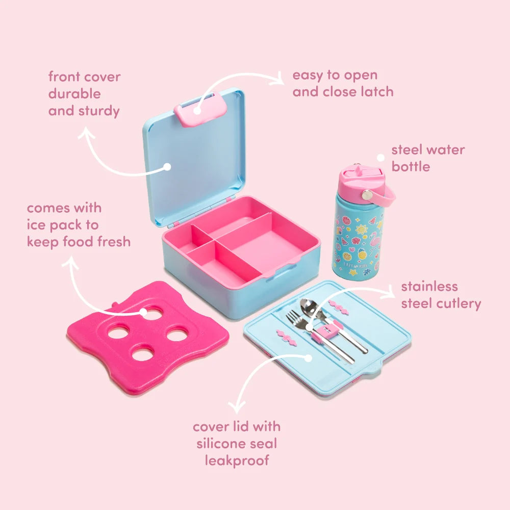 Eazy Kids Jumbo Bento Lunch Box w/360ml Steel Water Bottle, Spoon & Fork Set, and Insulated Lunch Bag - Flamingo Pink