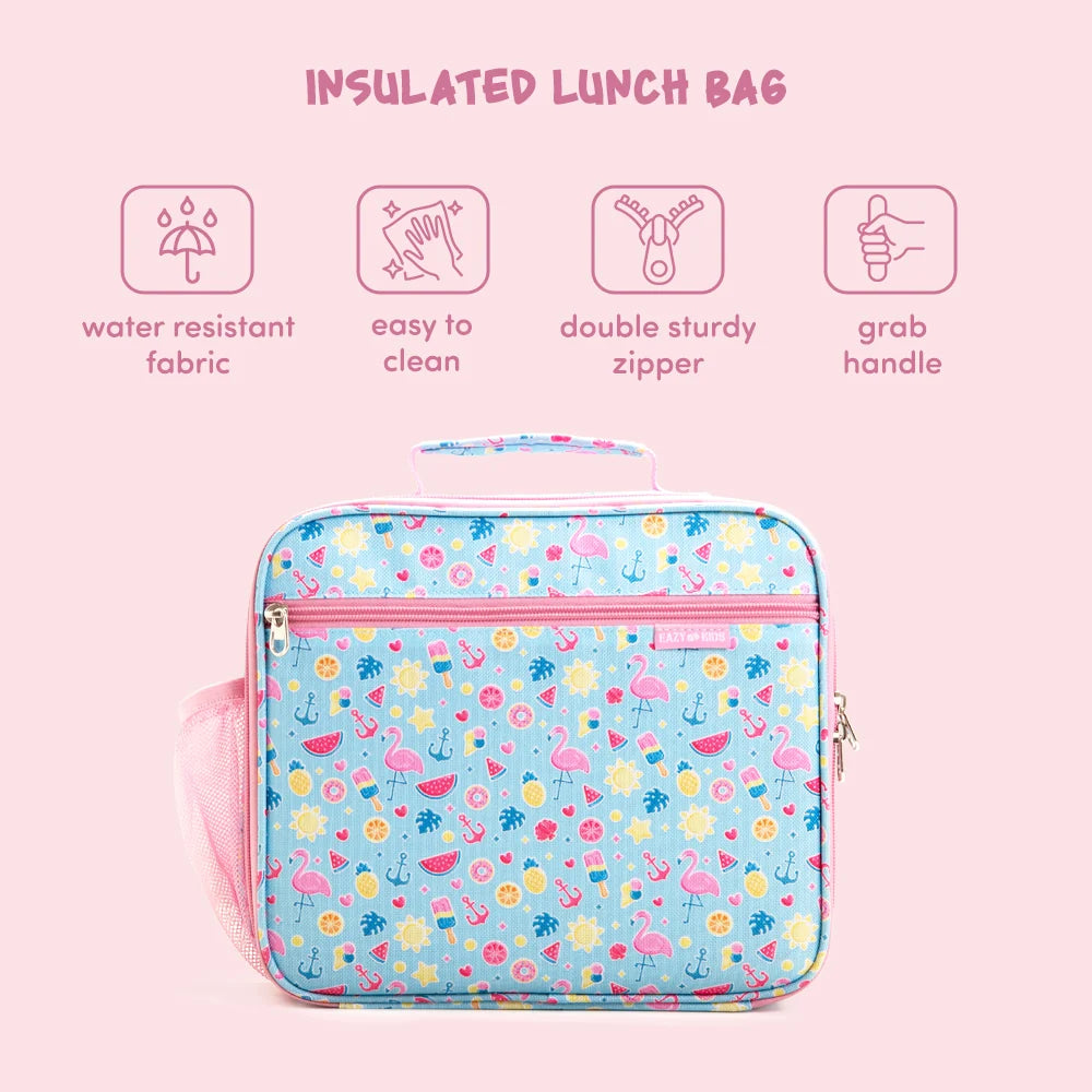 Eazy Kids Jumbo Bento Lunch Box w/360ml Steel Water Bottle, Spoon & Fork Set, and Insulated Lunch Bag - Flamingo Pink