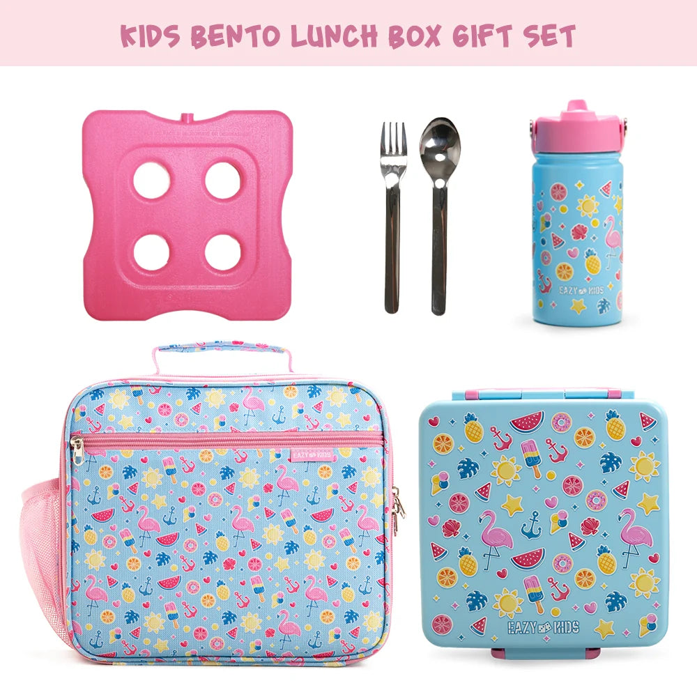 Eazy Kids Jumbo Bento Lunch Box w/360ml Steel Water Bottle, Spoon & Fork Set, and Insulated Lunch Bag - Flamingo Pink