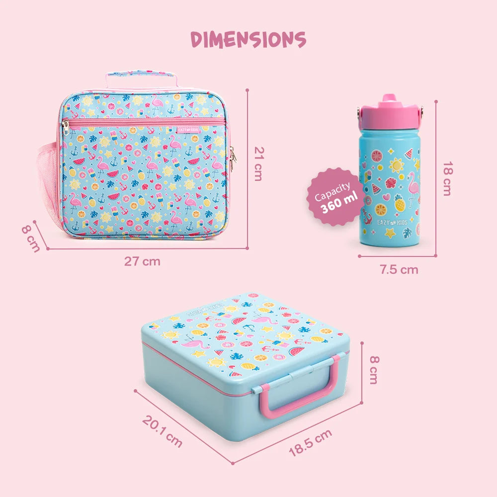 Eazy Kids Jumbo Bento Lunch Box w/360ml Steel Water Bottle, Spoon & Fork Set, and Insulated Lunch Bag - Flamingo Pink