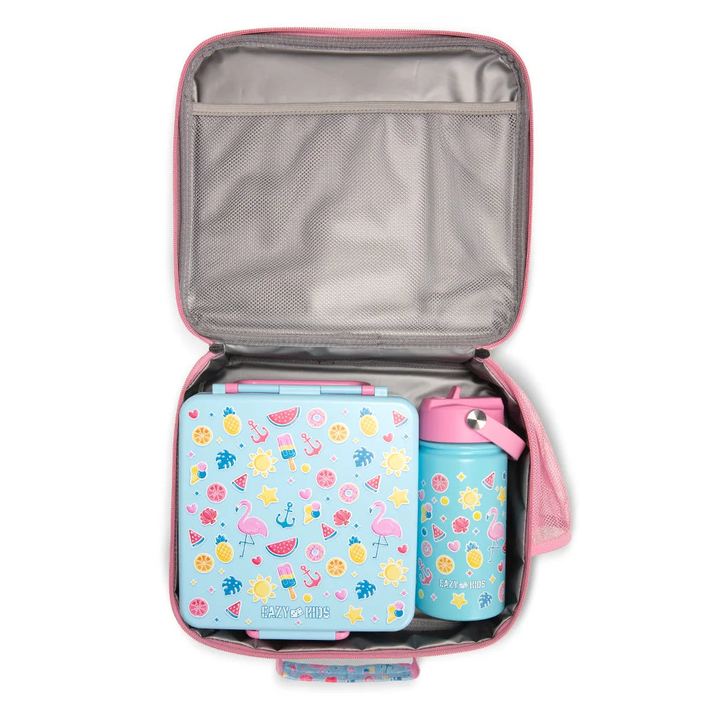 Eazy Kids Jumbo Bento Lunch Box w/360ml Steel Water Bottle, Spoon & Fork Set, and Insulated Lunch Bag - Flamingo Pink
