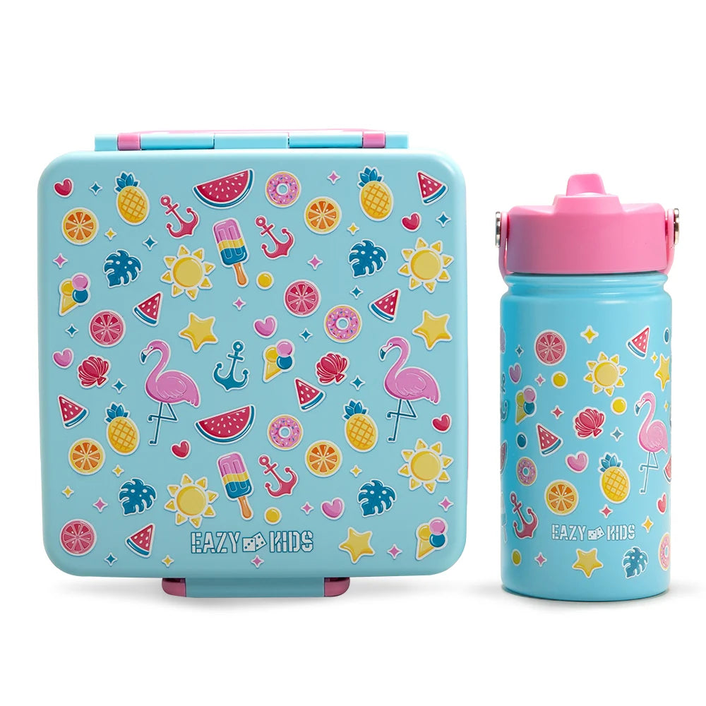 Eazy Kids Jumbo Bento Lunch Box w/360ml Steel Water Bottle, Spoon & Fork Set, and Insulated Lunch Bag - Flamingo Pink