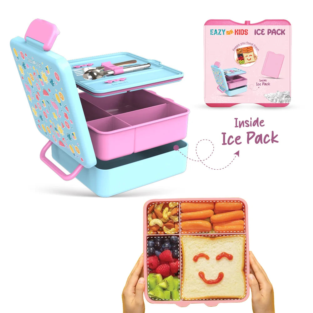 Eazy Kids Jumbo Bento Lunch Box w/360ml Steel Water Bottle, Spoon & Fork Set, and Insulated Lunch Bag - Flamingo Pink