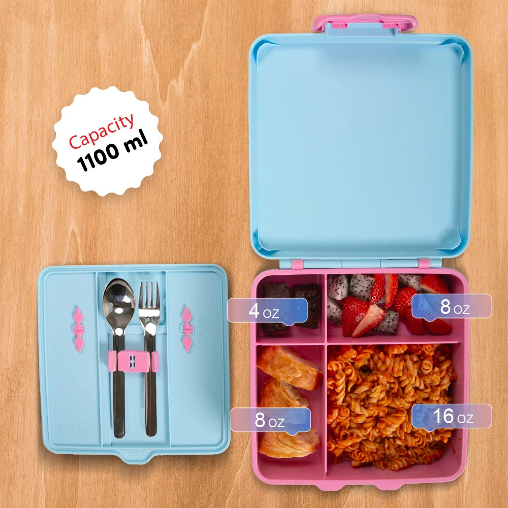 Eazy Kids Jumbo Bento Lunch Box w/360ml Steel Water Bottle, Spoon & Fork Set, and Insulated Lunch Bag - Flamingo Pink