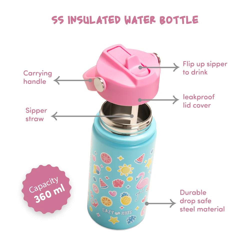 Eazy Kids Jumbo Bento Lunch Box w/360ml Steel Water Bottle, Spoon & Fork Set, and Insulated Lunch Bag - Flamingo Pink