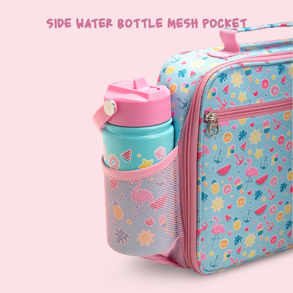 Eazy Kids Jumbo Bento Lunch Box w/360ml Steel Water Bottle, Spoon & Fork Set, and Insulated Lunch Bag - Flamingo Pink