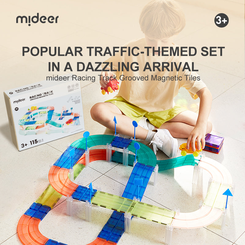 Mideer Racing Track Magnetic Tiles Set – STEM Building Toy for Kids