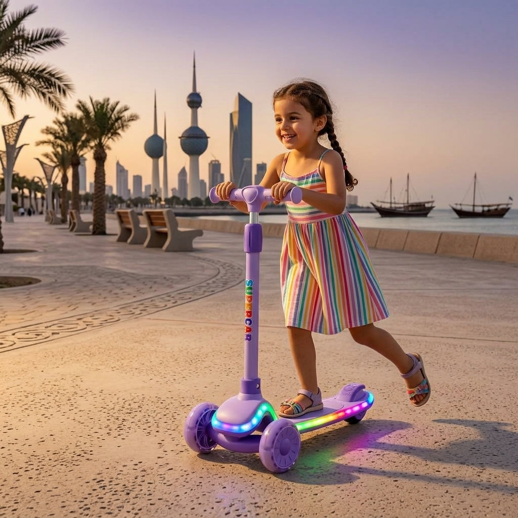 TOBBI KIDS 3 WHEEL ADJUSTABLE HEIGHT KICK SCOOTER WITH LIGHT UP WHEELS - PURPLE