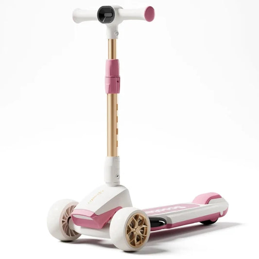 TOBBI KIDS 3 WHEEL FOLDABLE KICK SOOTER WITH GOLD STEM - WHITE/PINK