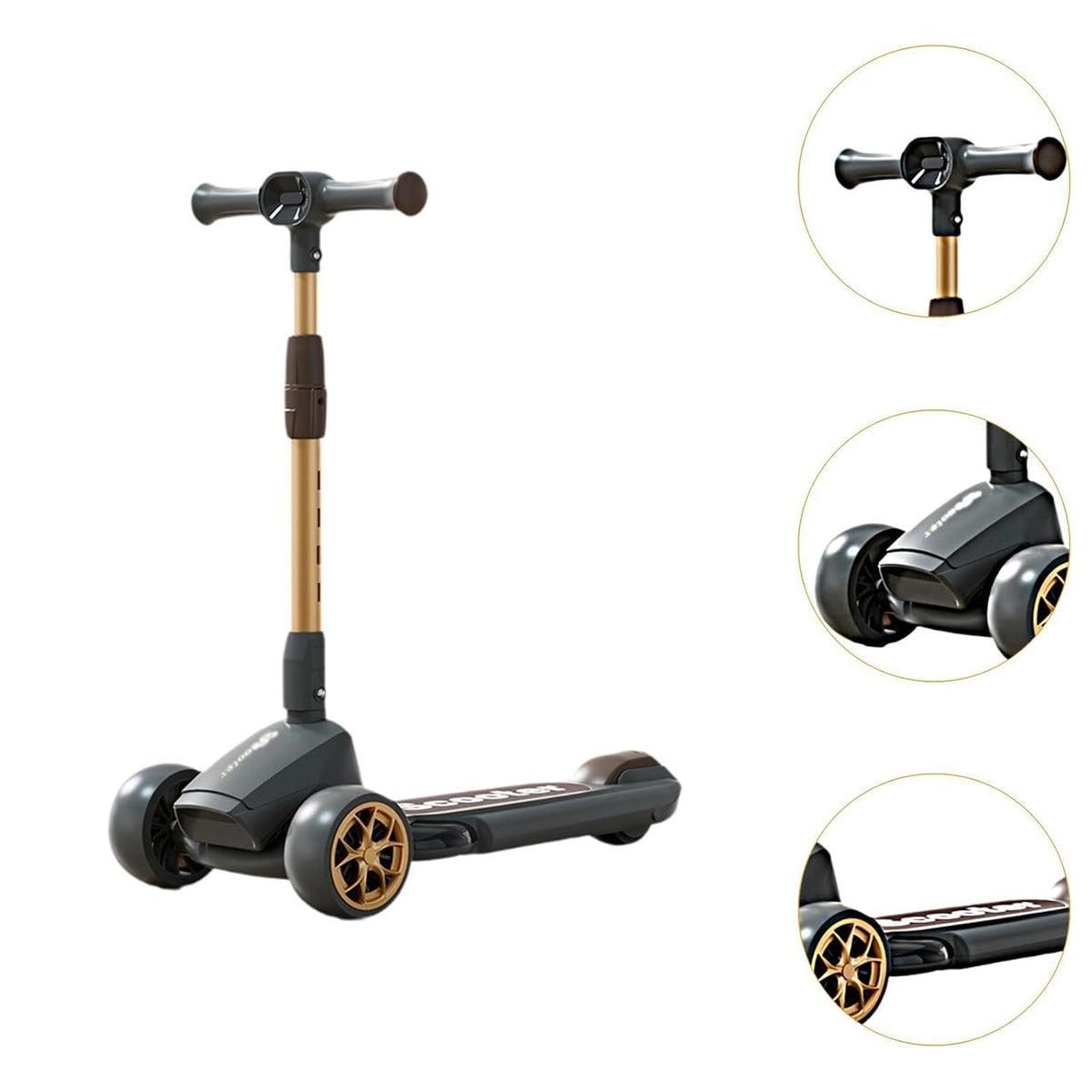 TOBBI KIDS 3 WHEEL FOLDABLE KICK SOOTER WITH GOLD STEM - BLACK