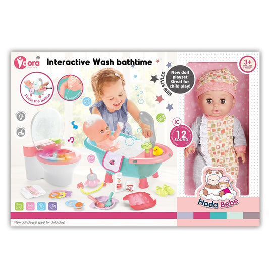 V Dora Dolls - Baby Doll Washing Set With Light And Sound 14 Inches - Multi Color Pajama With Square Design