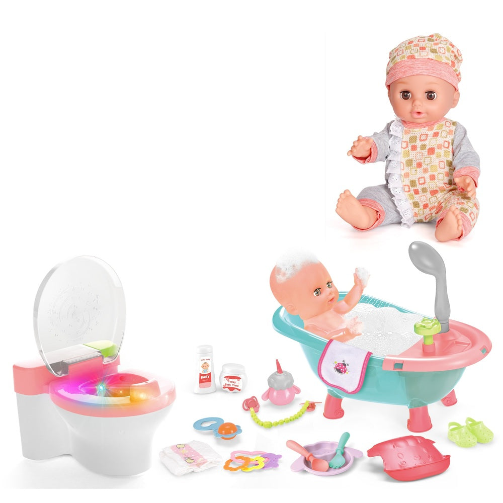 V Dora Dolls - Baby Doll Washing Set With Light And Sound 14 Inches - Multi Color Pajama With Square Design